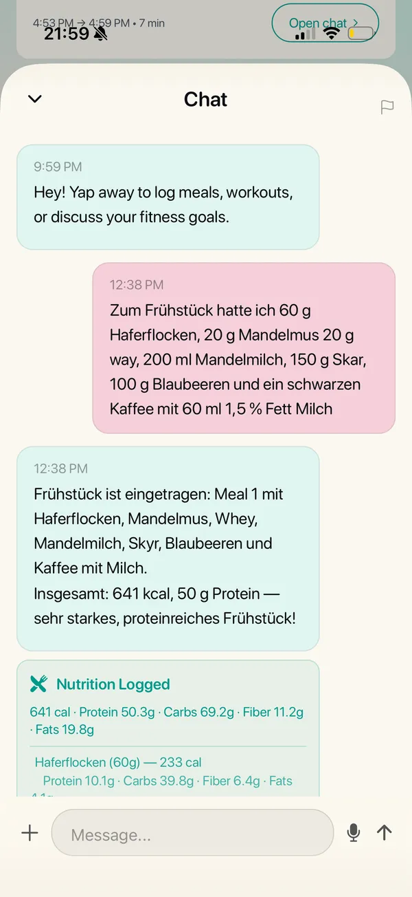 YHAP chat screen logging a meal