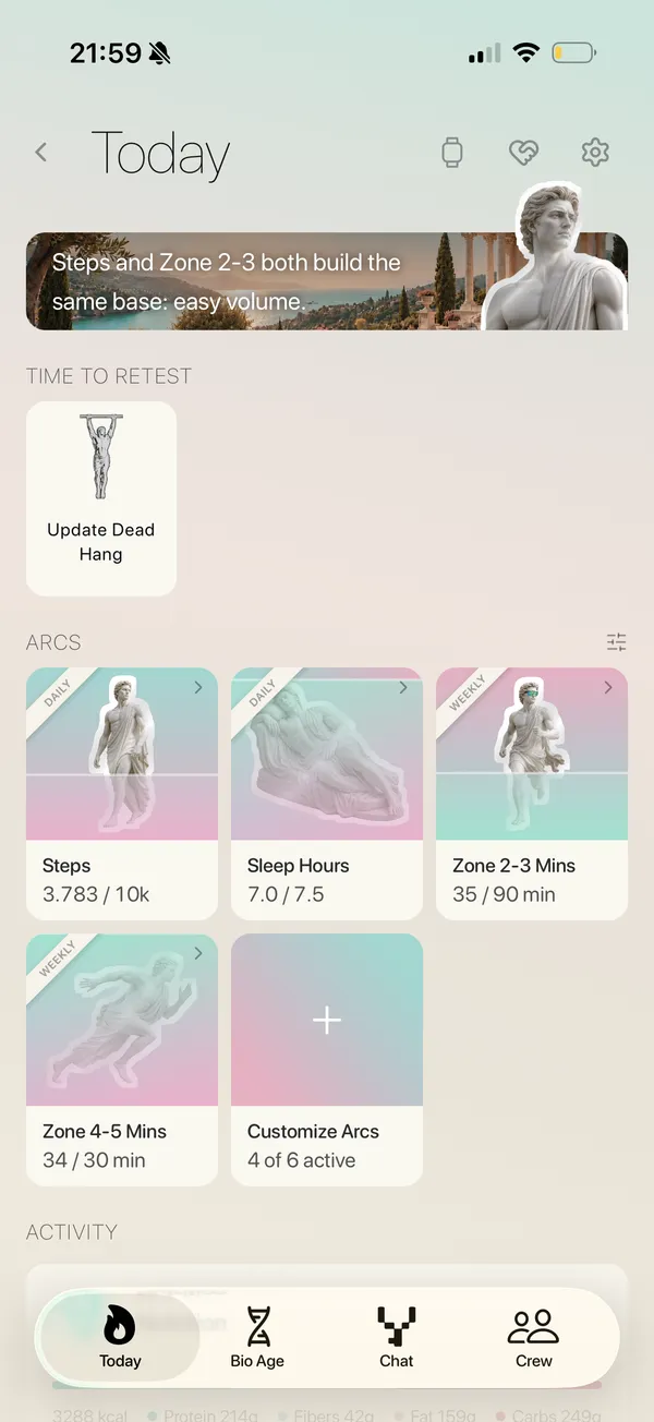 YHAP Today screen showing your Arcs